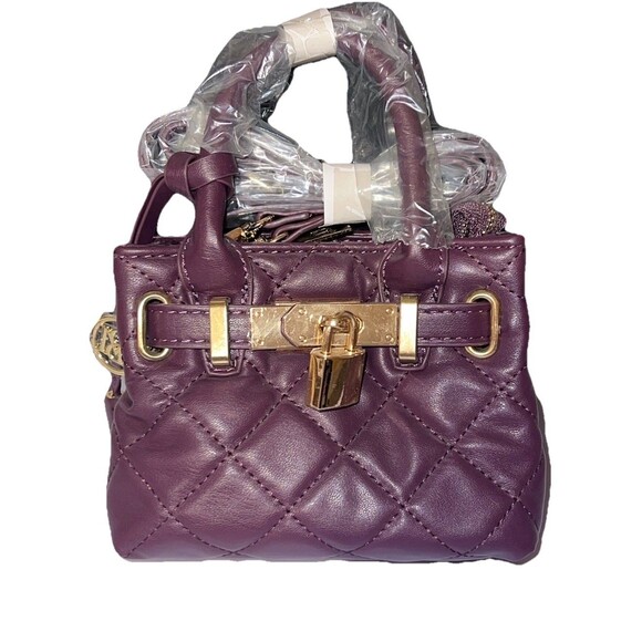 Badgley Mischka Diamond Quilted Mini Tote Crossbody Bag Purple Gold Hardware - Picture 1 of 7